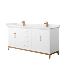 Amici 72 Inch Double Bathroom Vanity in White, White Cultured Marble Countertop, Undermount Square Sinks, Satin Bronze Trim
