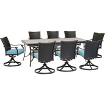 Traditions9pc: 8 Wicker Back Swivel Rockers, 42"x84" Glass Table