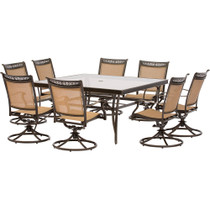 9pc Dining Set: 60" sq glass top tbl, 8 sling swivel rockers, cover