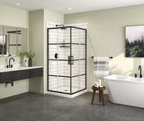 Scarlet 36 x 36 Acrylic Corner Drain Shower Kit in White with Shaker Glass in Matte Black