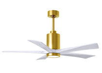 Patricia-5 five-blade ceiling fan in Brushed Brass finish with 52 solid matte white wood blades and dimmable LED light kit 