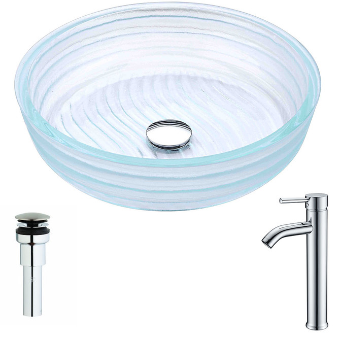 Canta Series Deco-Glass Vessel Sink in Lustrous Translucent Crystal with Fann Faucet in Chrome