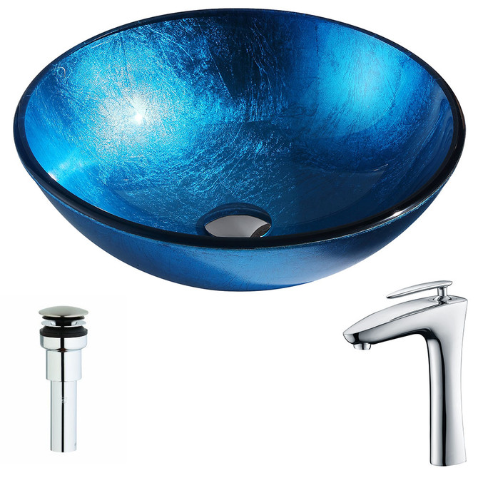 Arc Series Deco-Glass Vessel Sink in Lustrous Light Blue with Crown Faucet in Chrome