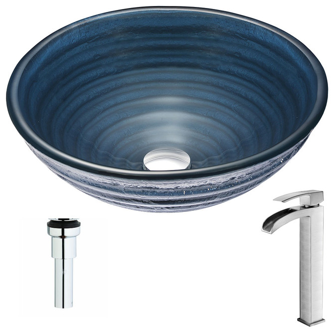 Tempo Series Deco-Glass Vessel Sink in Coiled Blue with Key Faucet in Polished Chrome