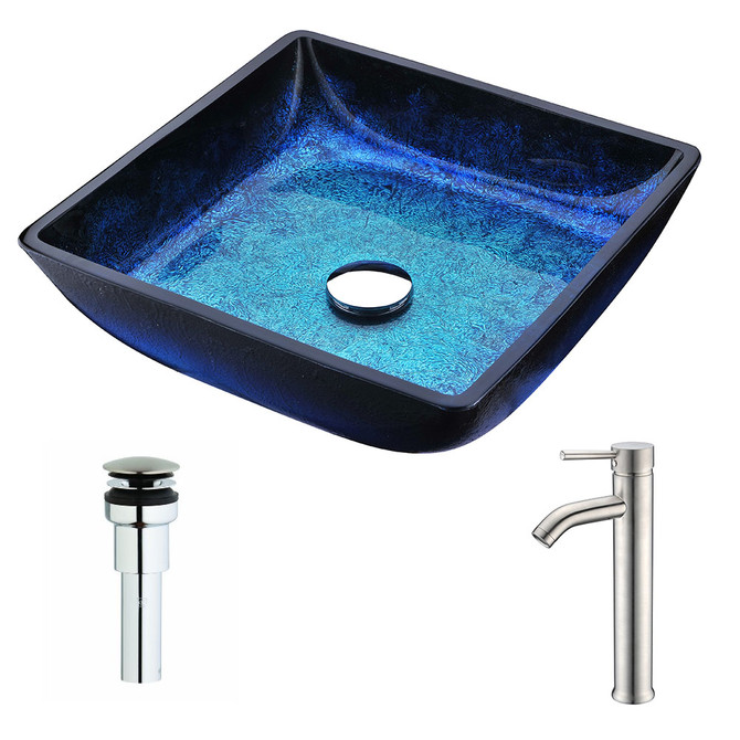Viace Series Deco-Glass Vessel Sink in Blazing Blue with Fann Faucet in Brushed Nickel