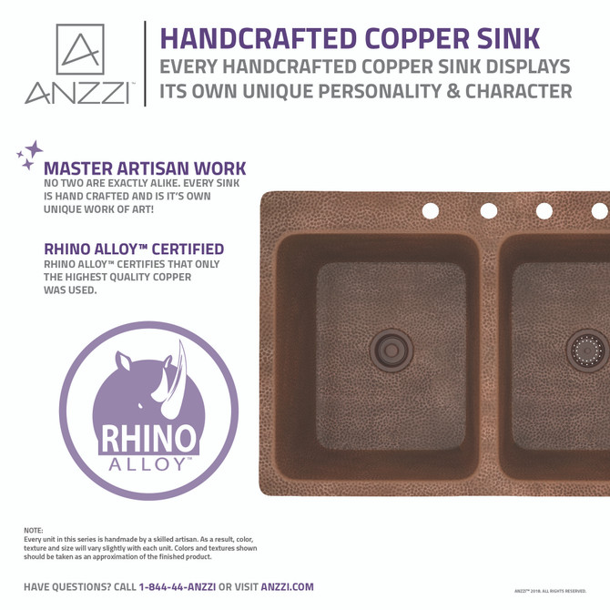 Elen Drop-in Handmade Copper 33 in. 4-Hole 50/50 Double Bowl Kitchen Sink in Hammered Antique Copper