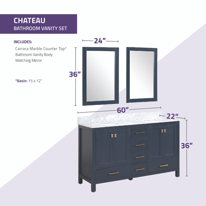 Chateau 60 in. W x 22 in. D Bathroom Vanity Set in Navy Blue with Carrara Marble Top with White Sink