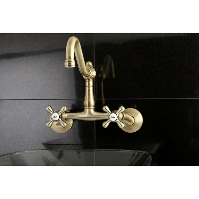 Kingston Brass KS3223AX Vintage 6" Adjustable Center Wall Mount Kitchen Faucet, Antique Brass