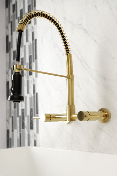 Gourmetier GS8187DL Concord 2-Handle Wall Mount Pull-Down Kitchen Faucet, Brushed Brass