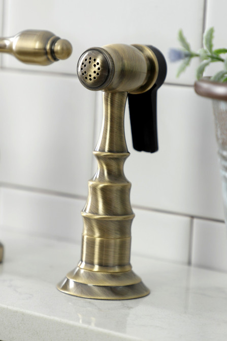 Kingston Brass KS7793TALBS Tudor Bridge Kitchen Faucet with Brass Sprayer, Antique Brass