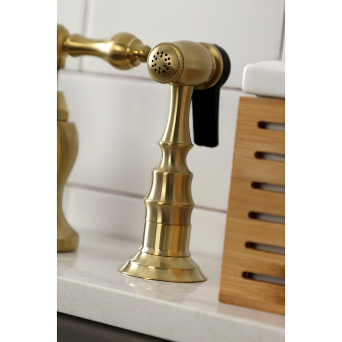 Kingston Brass KS7797ALBS English Country Bridge Kitchen Faucet with Brass Sprayer, Brushed Brass
