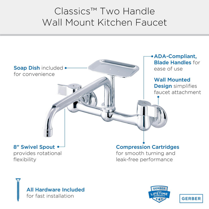 Gerber Classics 2H Wall Mount Kitchen Faucet w/ 8" Spout & Soap Dish 1.75gpm Chrome
