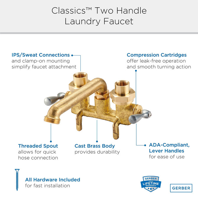 Gerber Classics 2H Clamp On Laundry Faucet w/ IPS/Sweat Connections -Threaded Spout 2.2gpm Rough Brass