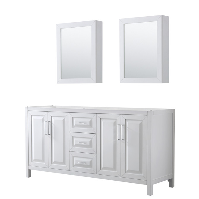 Daria 72 Inch Double Bathroom Vanity in White, No Countertop, No Sink, and Medicine Cabinets