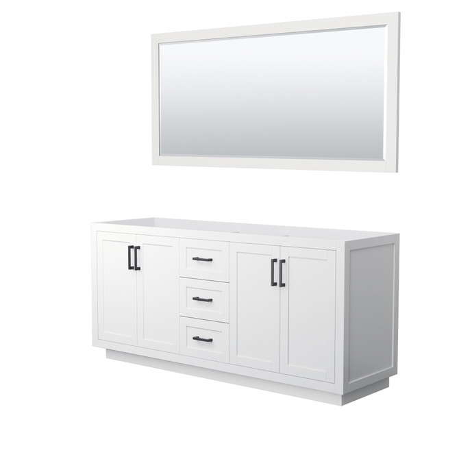 Miranda 72 Inch Double Bathroom Vanity in White, No Countertop, No Sink, Matte Black Trim, 70 Inch Mirror