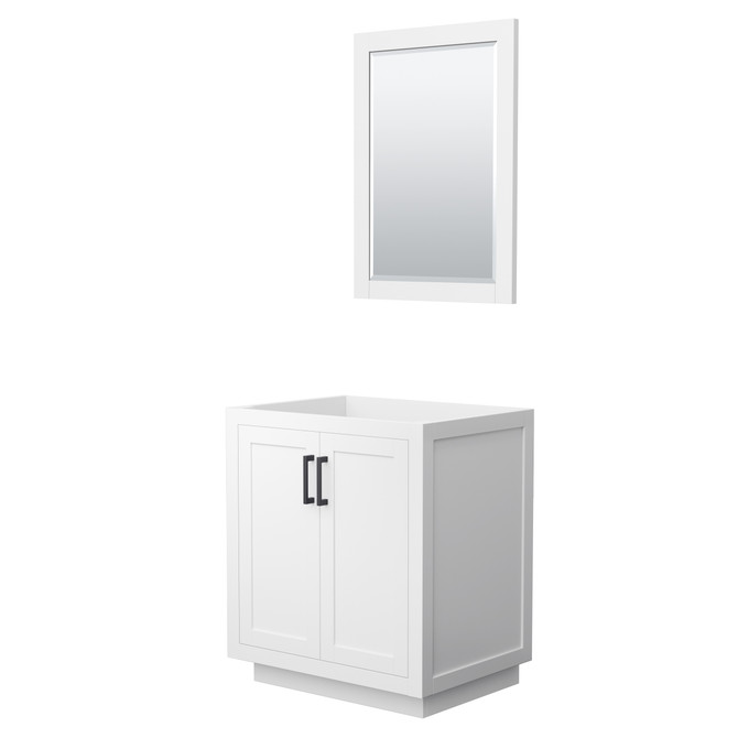 Miranda 30 Inch Single Bathroom Vanity in White, No Countertop, No Sink, Matte Black Trim, 24 Inch Mirror