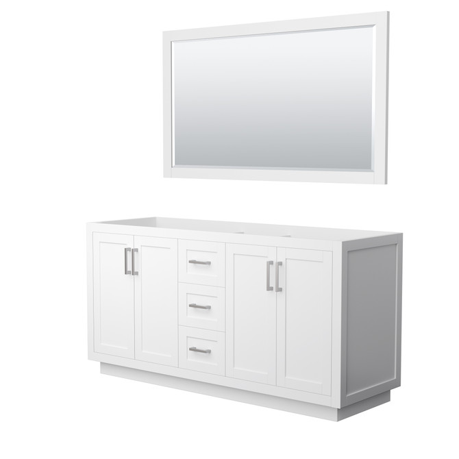 Miranda 66 Inch Double Bathroom Vanity in White, No Countertop, No Sink, Brushed Nickel Trim, 58 Inch Mirror