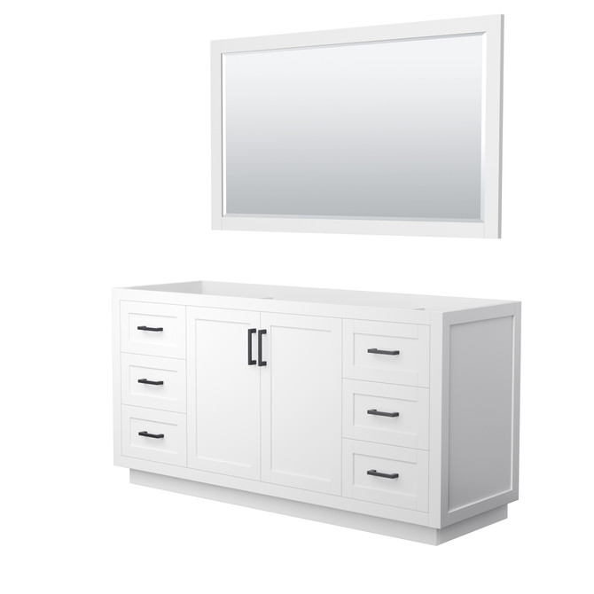 Miranda 66 Inch Single Bathroom Vanity in White, No Countertop, No Sink, Matte Black Trim, 58 Inch Mirror