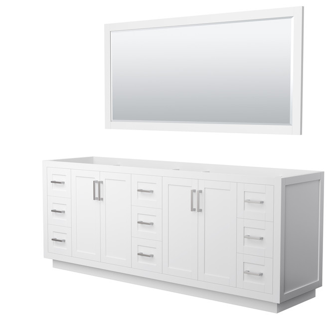 Miranda 84 Inch Double Bathroom Vanity in White, No Countertop, No Sink, Brushed Nickel Trim, 70 Inch Mirror