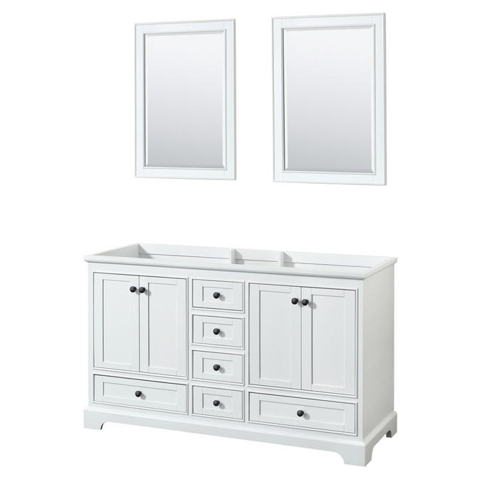 Deborah 60 Inch Double Bathroom Vanity in White, No Countertop, No Sinks, Matte Black Trim, 24 Inch Mirrors