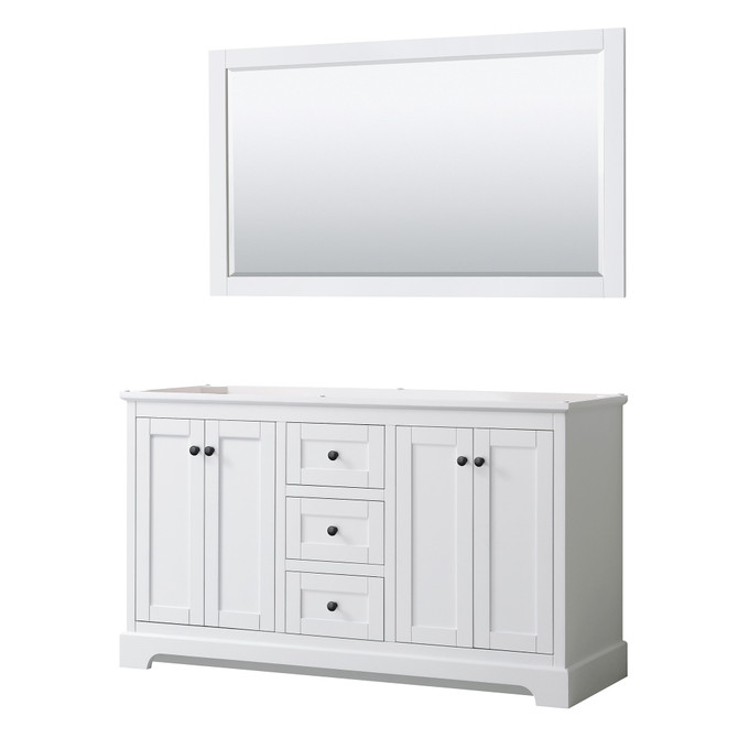Avery 60 Inch Double Bathroom Vanity in White, No Countertop, No Sinks, Matte Black Trim, 58 Inch Mirror