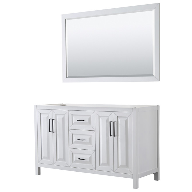 Daria 60 Inch Double Bathroom Vanity in White, No Countertop, No Sink, Matte Black Trim, 58 Inch Mirror