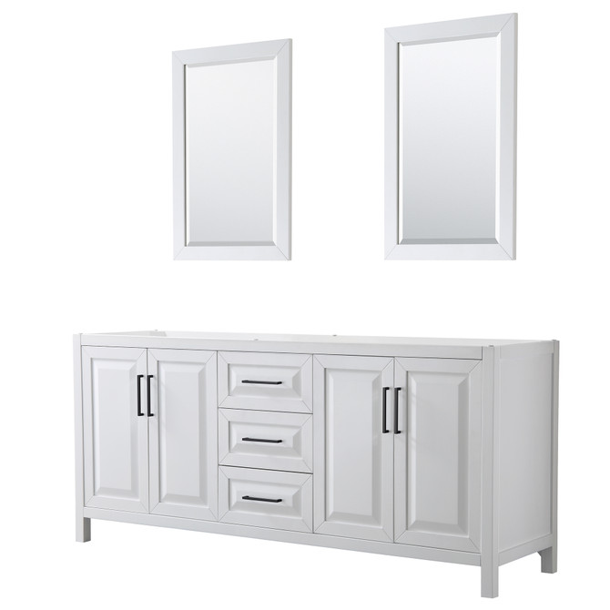 Daria 80 Inch Double Bathroom Vanity in White, No Countertop, No Sink, Matte Black Trim, 24 Inch Mirrors