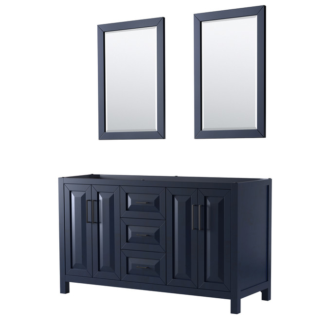 Daria 60 Inch Double Bathroom Vanity in Dark Blue, No Countertop, No Sink, Matte Black Trim, 24 Inch Mirrors