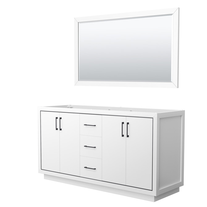 Icon 66 Inch Double Bathroom Vanity in White, No Countertop, No Sink, Matte Black Trim, 58 Inch Mirror