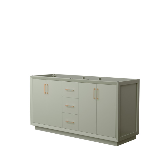 Strada 66 Inch Double Bathroom Vanity in Light Green, No Countertop, No Sink, Satin Bronze Trim