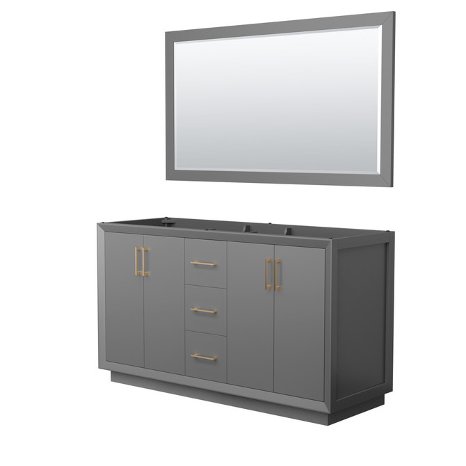 Strada 60 Inch Double Bathroom Vanity in Dark Gray, No Countertop, No Sink, Satin Bronze Trim, 58 Inch Mirror