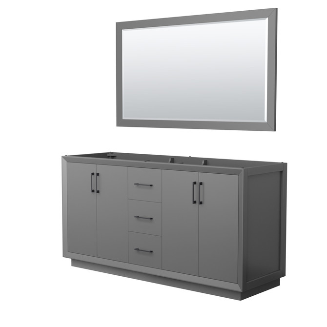 Strada 66 Inch Double Bathroom Vanity in Dark Gray, No Countertop, No Sink, Matte Black Trim, 58 Inch Mirror