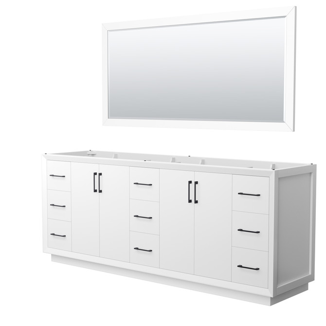 Strada 84 Inch Double Bathroom Vanity in White, No Countertop, No Sink, Matte Black Trim, 70 Inch Mirror