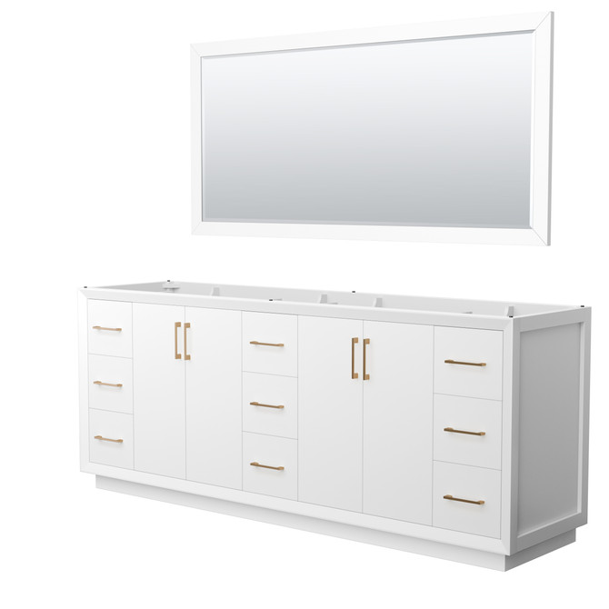 Strada 84 Inch Double Bathroom Vanity in White, No Countertop, No Sink, Satin Bronze Trim, 70 Inch Mirror