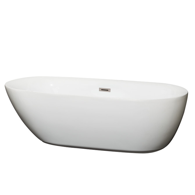 Melissa 71 Inch Freestanding Bathtub in White with Brushed Nickel Drain and Overflow Trim