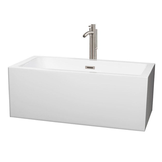Melody 60 Inch Freestanding Bathtub in White with Floor Mounted Faucet, Drain and Overflow Trim in Brushed Nickel