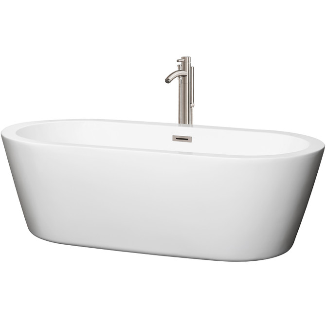 Mermaid 71 Inch Freestanding Bathtub in White with Floor Mounted Faucet, Drain and Overflow Trim in Brushed Nickel