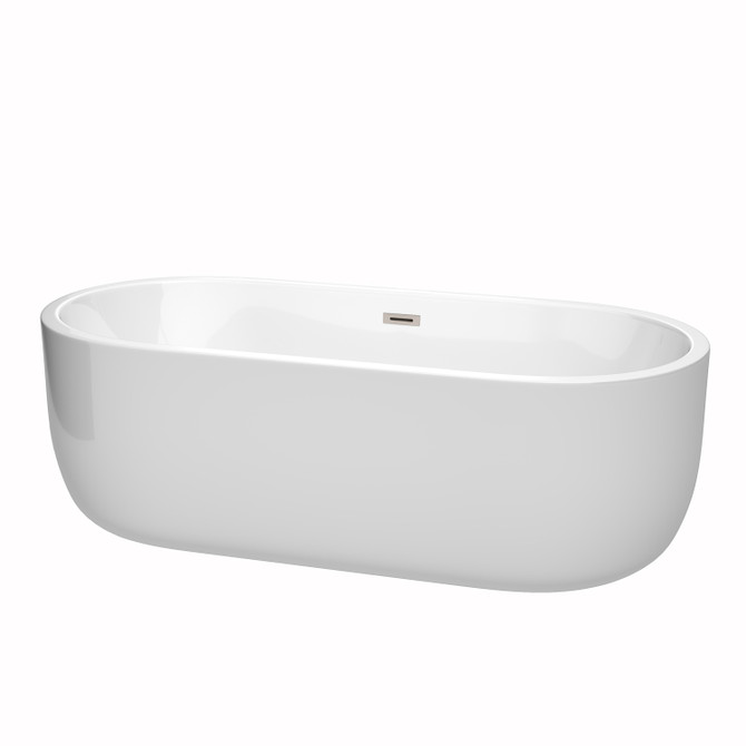 Juliette 71 Inch Freestanding Bathtub in White with Brushed Nickel Drain and Overflow Trim