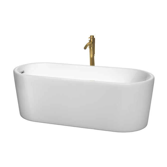 Ursula 67 Inch Freestanding Bathtub in White with Polished Chrome Trim and Floor Mounted Faucet in Brushed Gold