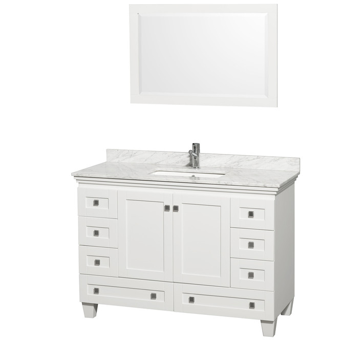 Acclaim 48 Inch Single Bathroom Vanity in White, White Carrara Marble Countertop, Undermount Square Sink, and 24 Inch Mirror