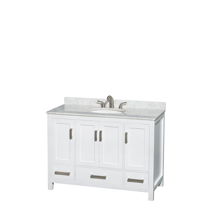 Sheffield 48 Inch Single Bathroom Vanity in White, White Carrara Marble Countertop, Undermount Oval Sink, and No Mirror