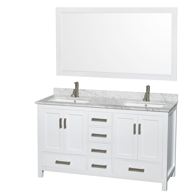 Sheffield 60 Inch Double Bathroom Vanity in White, White Carrara Marble Countertop, Undermount Square Sinks, and 58 Inch Mirror