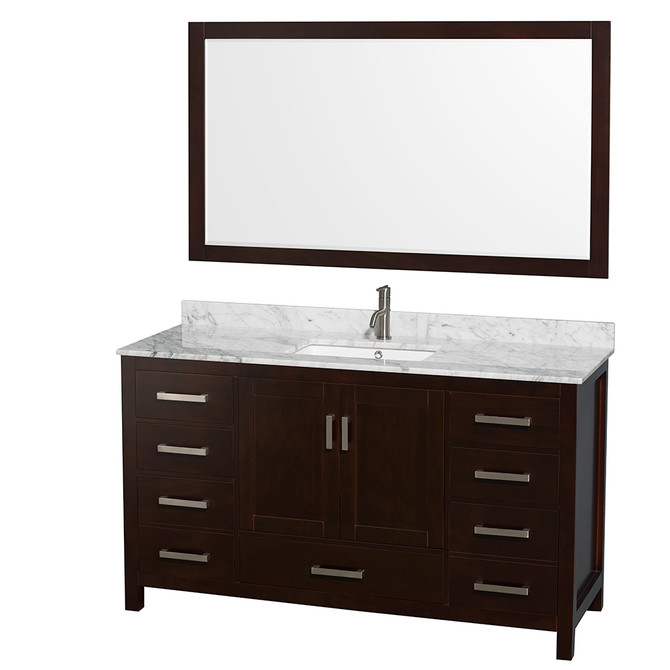 Sheffield 60 Inch Single Bathroom Vanity in Espresso, White Carrara Marble Countertop, Undermount Square Sink, and 58 Inch Mirror