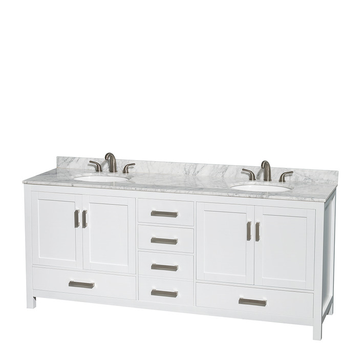 Sheffield 80 Inch Double Bathroom Vanity in White, White Carrara Marble Countertop, Undermount Oval Sinks, and No Mirror