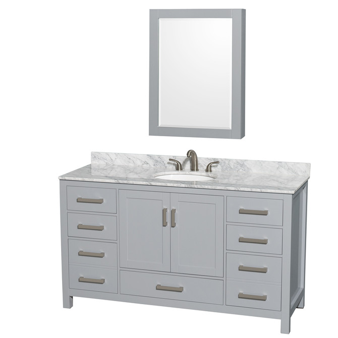 Sheffield 60 Inch Single Bathroom Vanity in Gray, White Carrara Marble Countertop, Undermount Oval Sink, and Medicine Cabinet