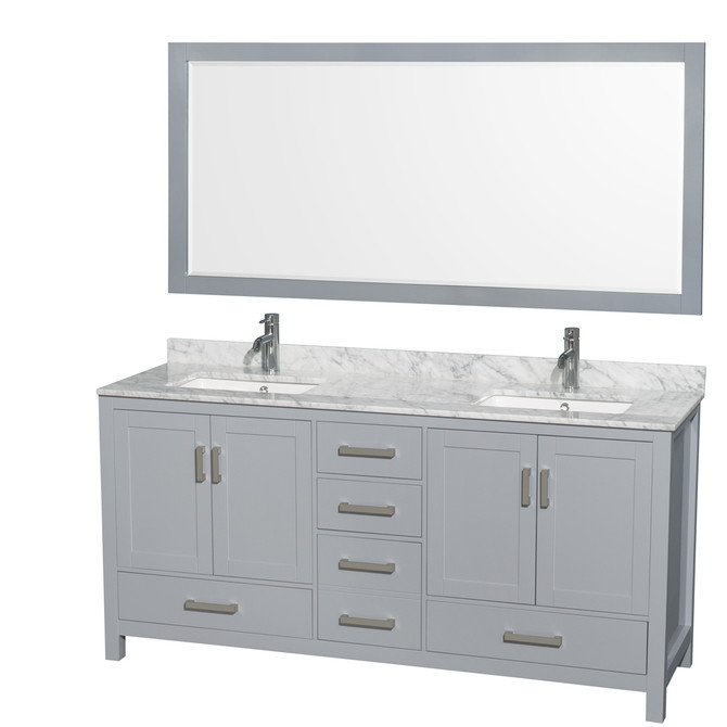 Sheffield 72 Inch Double Bathroom Vanity in Gray, White Carrara Marble Countertop, Undermount Square Sinks, and 70 Inch Mirror