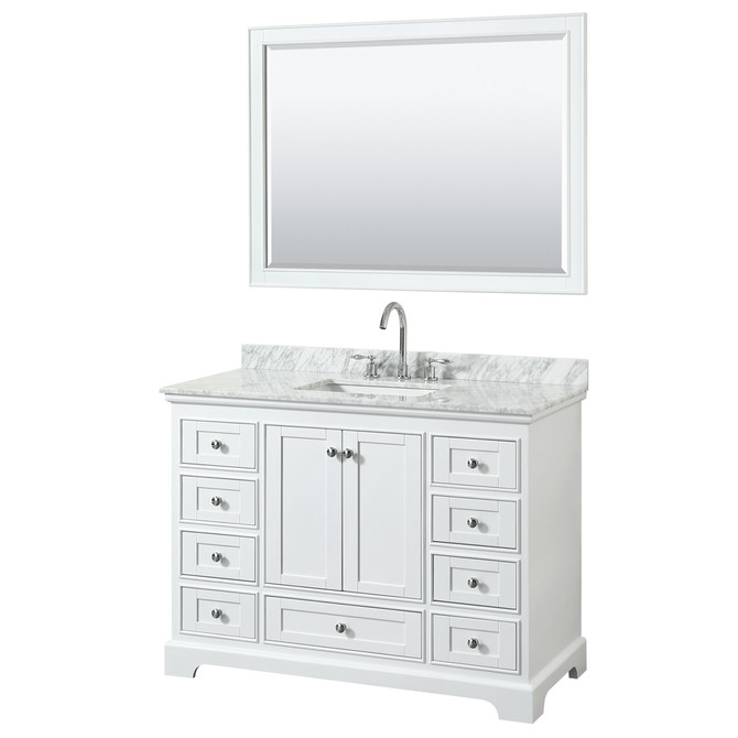 Deborah 48 Inch Single Bathroom Vanity in White, White Carrara Marble Countertop, Undermount Square Sink, and 46 Inch Mirror