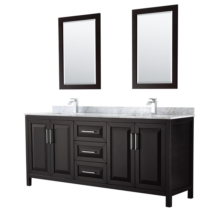 Daria 80 Inch Double Bathroom Vanity in Dark Espresso, White Carrara Marble Countertop, Undermount Square Sinks, and 24 Inch Mirrors