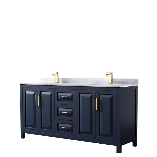 Daria 72 Inch Double Bathroom Vanity in Dark Blue, White Carrara Marble Countertop, Undermount Square Sinks, No Mirror