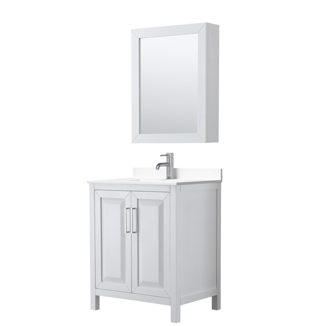 Daria 30 Inch Single Bathroom Vanity in White, White Cultured Marble Countertop, Undermount Square Sink, Medicine Cabinet